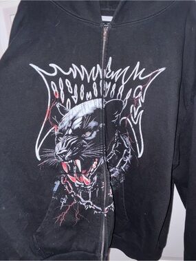 Primitive Black Zip-Up Hoodie with Panther Graphic and Red Accents